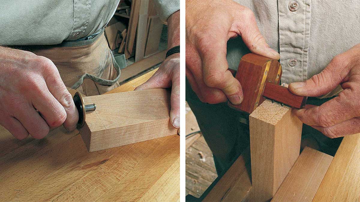Marking out. A pass with a marking gauge (left) lays out the depth of the tenon on all four sides; a mortise gauge marks the cheeks (above).