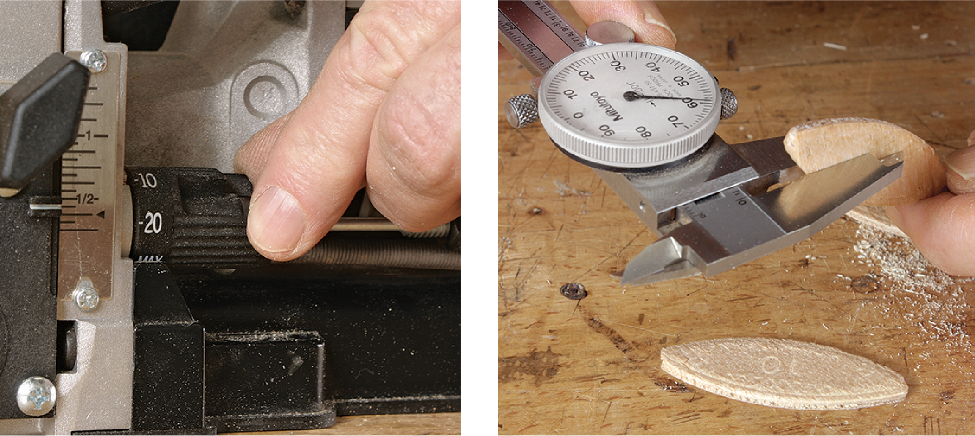 Simple and efficient. An adjustable stop on the joiner (left) controls the depth of cut to match each of the common biscuit sizes—0, 10, and 20. A biscuit swells in thickness (right) when wet glue hits it, helping to anchor the joint. So store biscuits in a sealed jar to keep out moisture. 