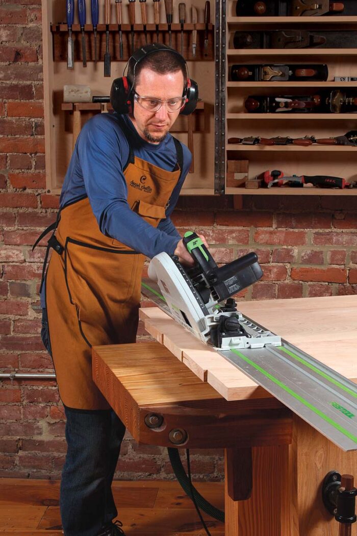 Bevel table ends first. One cut does it. Tilt the saw to 30° and try not to wobble.