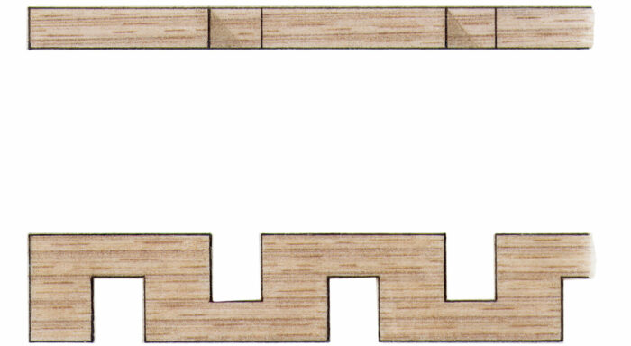 Drawing of a Greek key molding where the wood seems to go up and down with alternating gaps on the top and bottom.