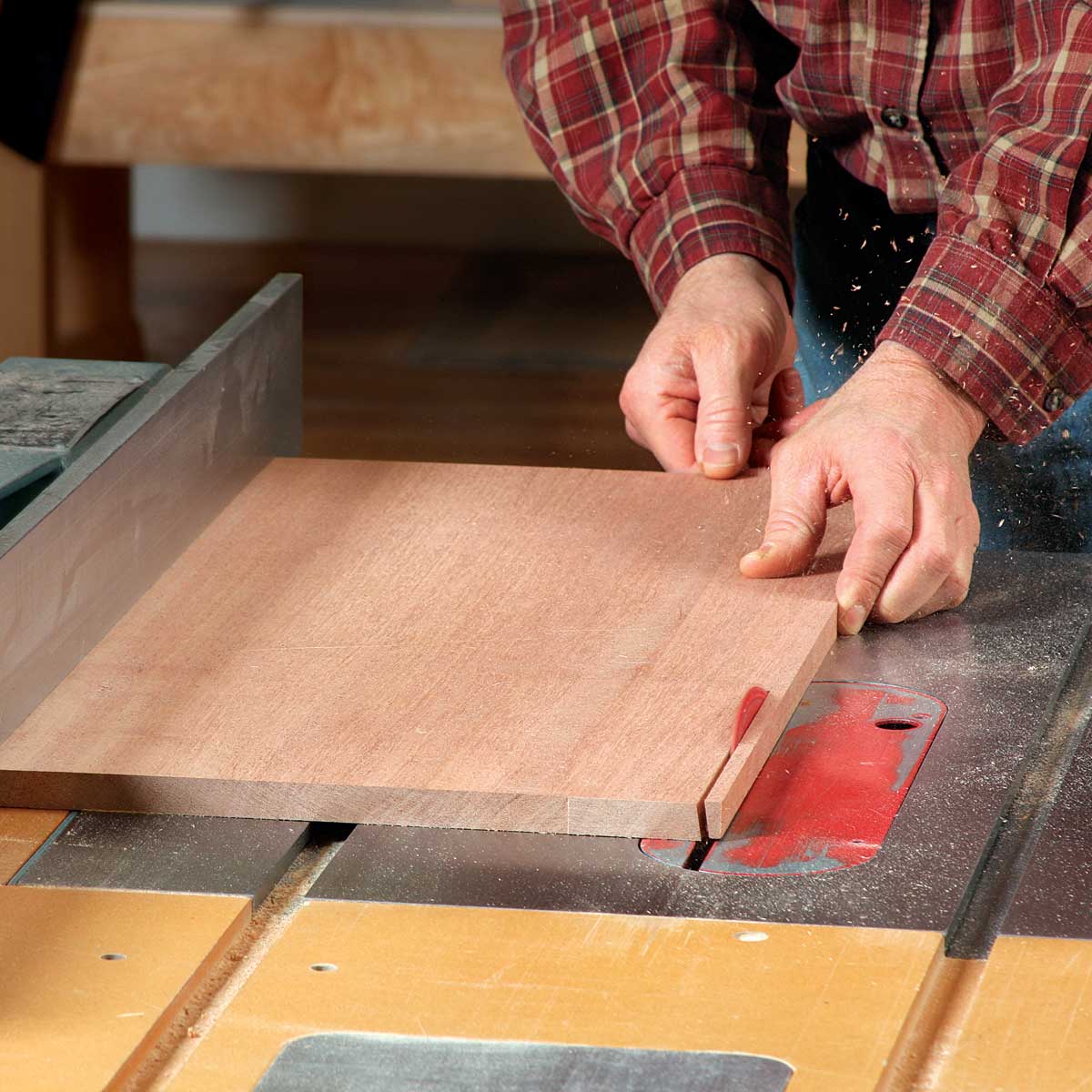 A simple setup block with beveled edges makes it easy to set up the tablesaw to make the compound-angle cuts.