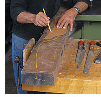 Maloof traces a plan-view pattern onto a 12/4 board.