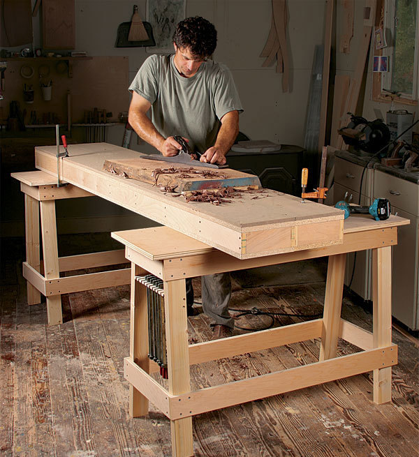Plans for sawhorse style workbench; alternative woodworking benches; simple, portable, small, removable workbench