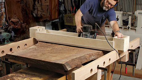 Nick Offerman woodworking, flattening a slab with a router jig