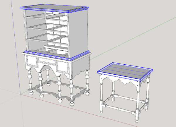 william and mary highboy and tea table with different kinds of miter joints; sketchup model