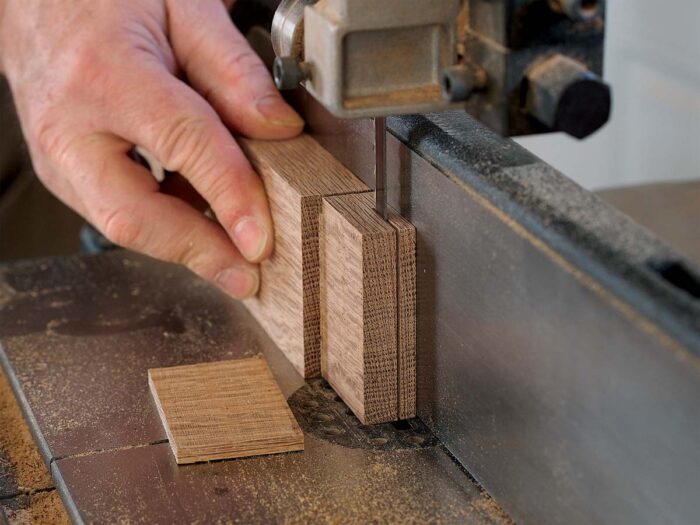 Then cut the tenon to fit. Establish the shoulders at the tablesaw, then cut the tenon cheeks at the bandsaw, using test pieces to set the fence precisely