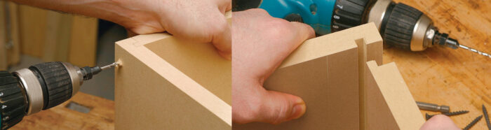 Two photos showing the process of drilling pilot holes for screws in MDF to prevent splitting.