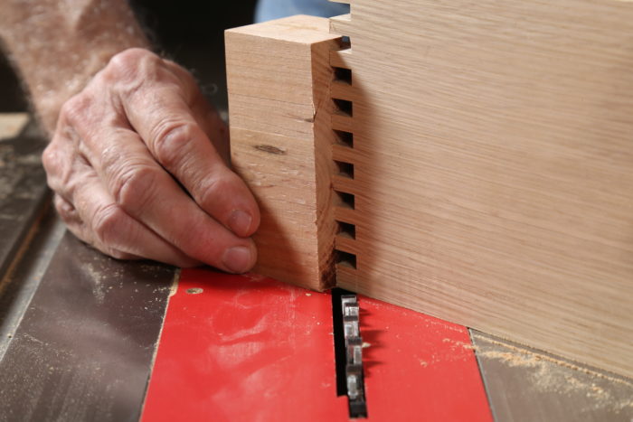 The scribed line from the marking gauge helps when aligning the cut