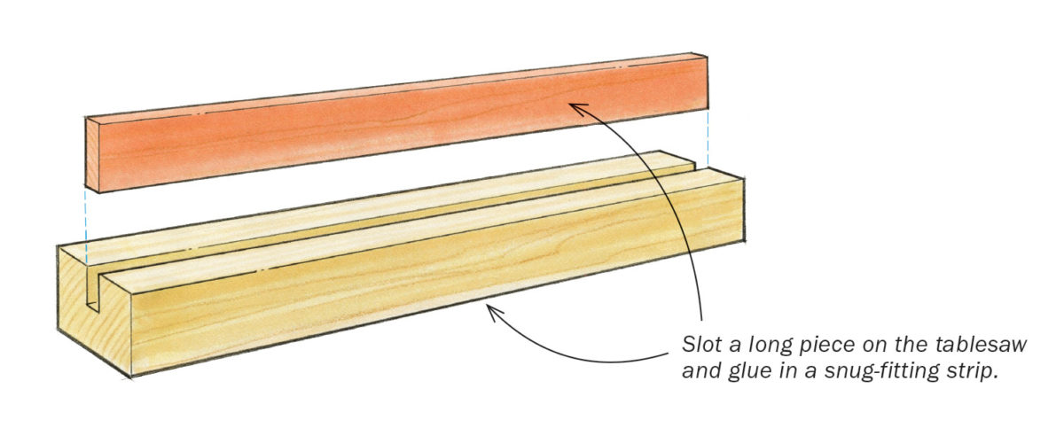 Slot a long piece on the tablesaw and glue in a snug-fitting strip.