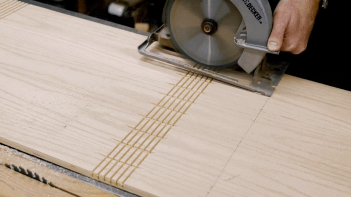 bending plywood - kerf bent ottoman covers - cutting kerfs for splines