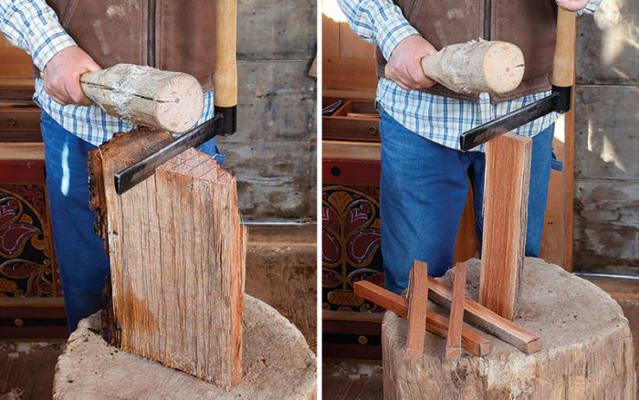 using a froe and wedge to split out square blanks for post-and-rung stool