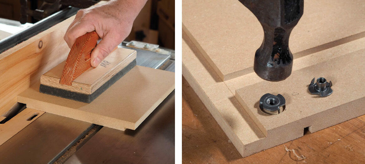 Rabbets and dadoes keep parts aligned. Use a dado blade to cut the dadoes and rabbets, adding a sacrificial fence for the rabbets. Before assembly, drill the inside face for the T-nuts and tap them in place.