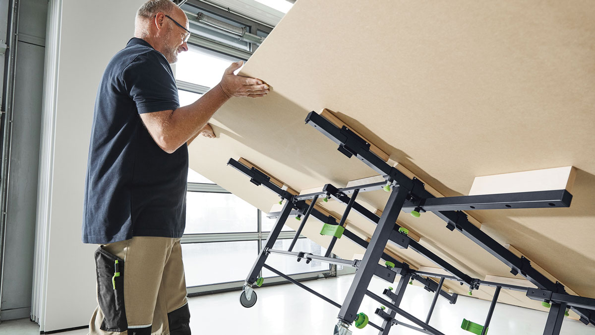 The table securely supports sheet goods up to 10 ft. by 7 ft., and it doubles as an assembly bench. It pairs with Festool’s portable track saws and guide rails to create a mobile panel saw station.