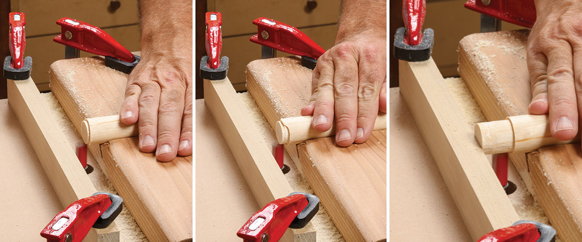 Rotate the dowel as you steadily let it slide forward