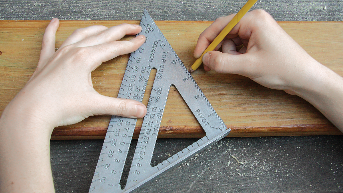 Because the chopsaw’s blade will start cutting in the middle of the board, use an angle square to mark a 30-degree line before making the second cut.