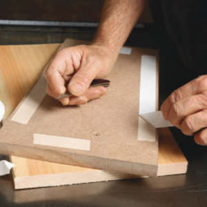 Start with an MDF pattern you want to replicate. Secure the pattern to the workpiece using double-sided tape or finish nails.