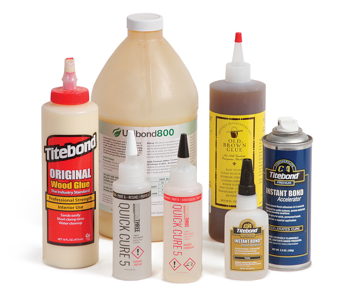 Different types of wood glue, including Titebond, Instant Bond, Old Brown Glue, and more.