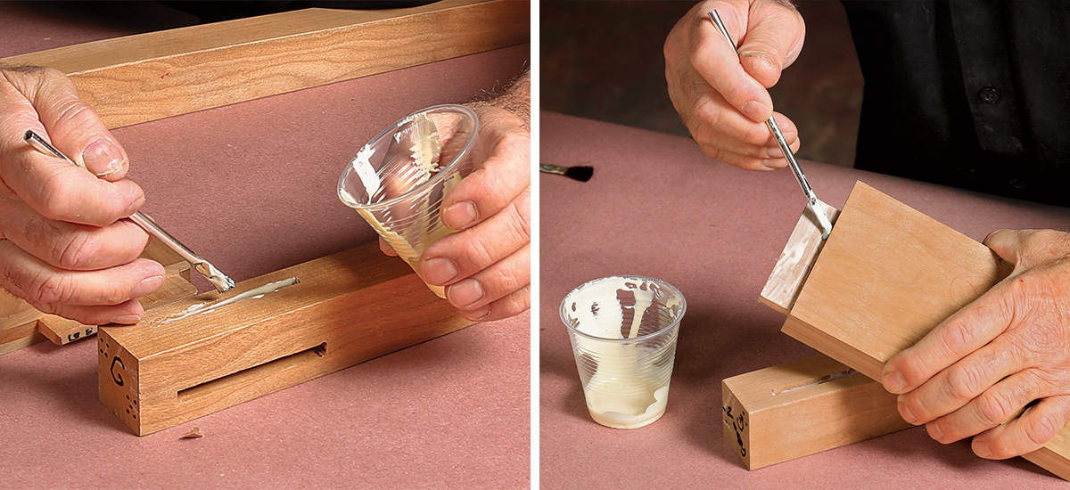 Bob glues a mortise and tenon carefully to avoid visible glue.