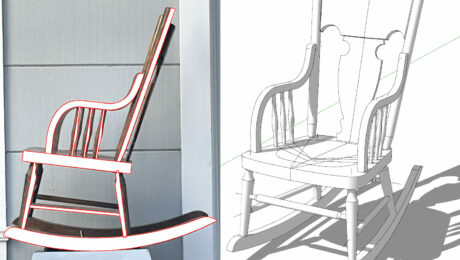 A traced over picture of a rocking chair uploaded in SketchUp.