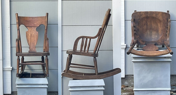 Three different angles of a rocking chair, optimizing views for SketchUp.