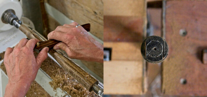 The process of using a spokeshave to round out the edges of a hammer handle.