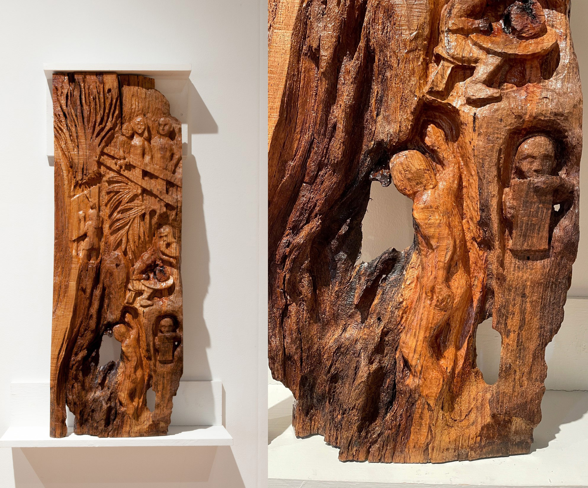 A wood relief carving of multiple human forms in the wood of the Willow Oak, by Tom Wenzka