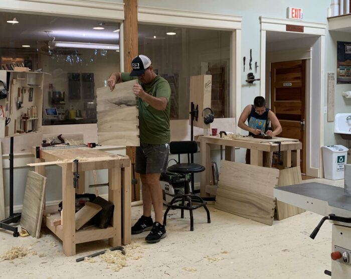 Students making English tool chests at the Florida School of Woodworking.