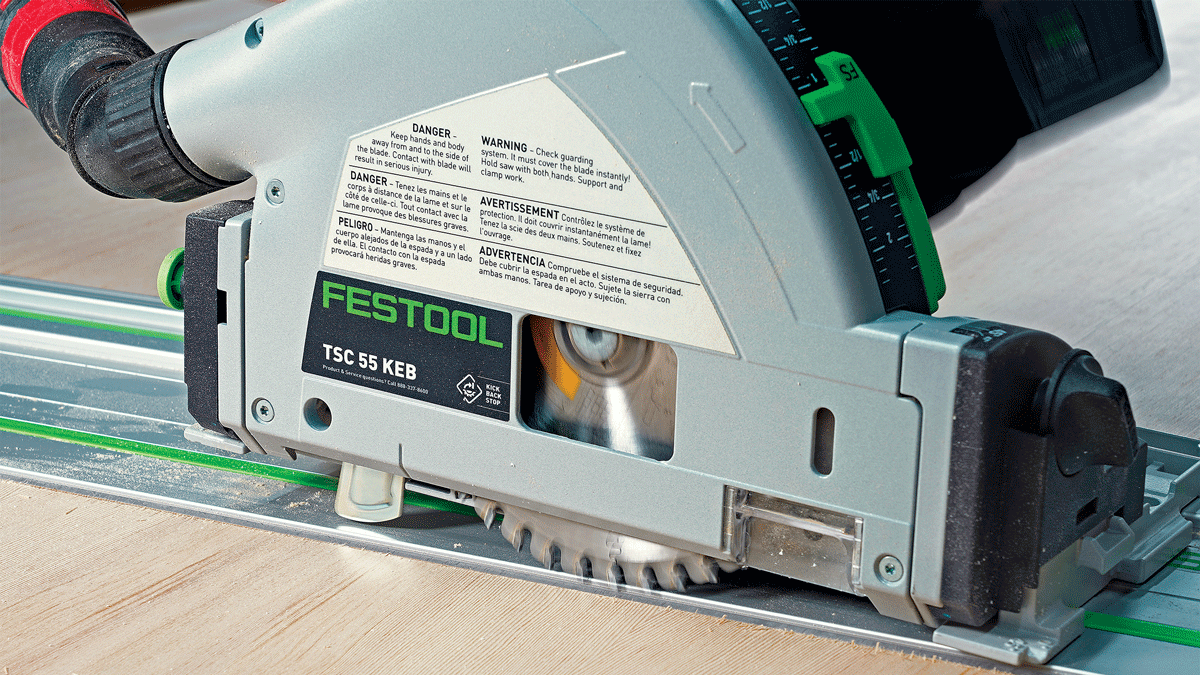 Tablesaw-quality cuts. Like all of Festool’s TSC 55 track saws, the KEB delivers flawless cuts in any material, thanks to a zero-clearance track that stays put with no clamping.