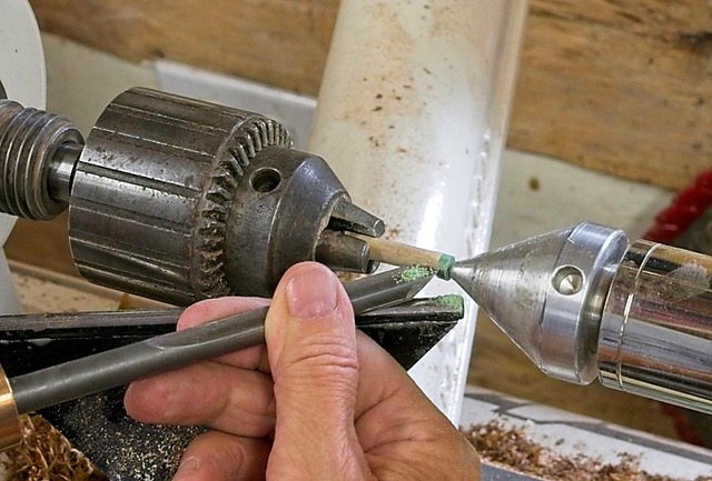 Using a Forstner drill bit to drill a hole for an inlay
