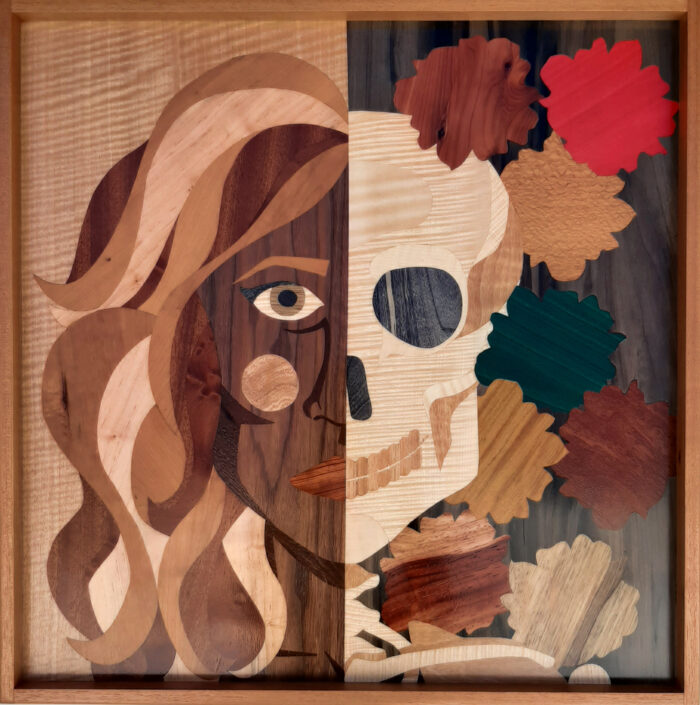 "Life and Death" by Chelsea Van Vorhis, 2021: a wood veneer art piece