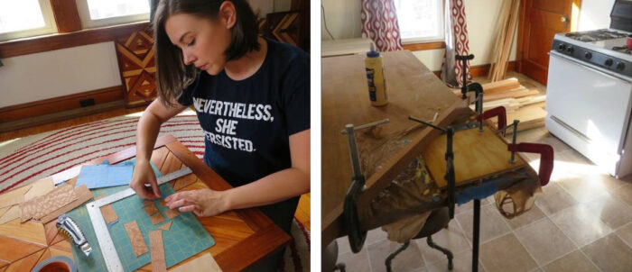 Chelsea Van Vorhis working with wood veneer at her kitchen table.