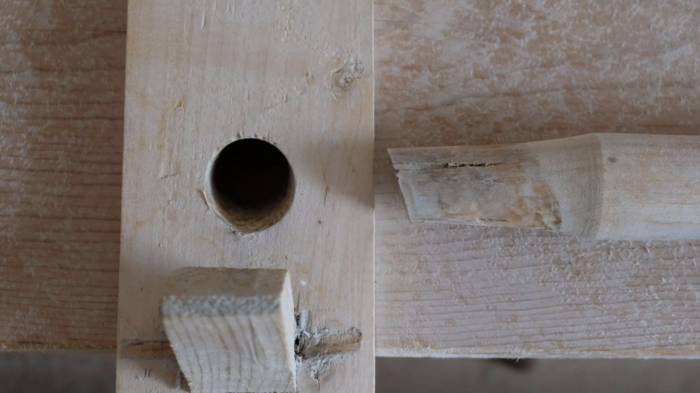 Hole for a the pegs in an Amana Church Bench