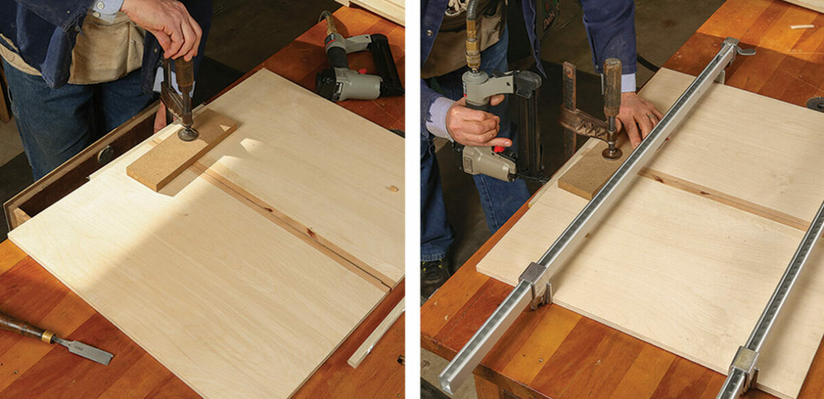 clamping the two leaves to veneer
