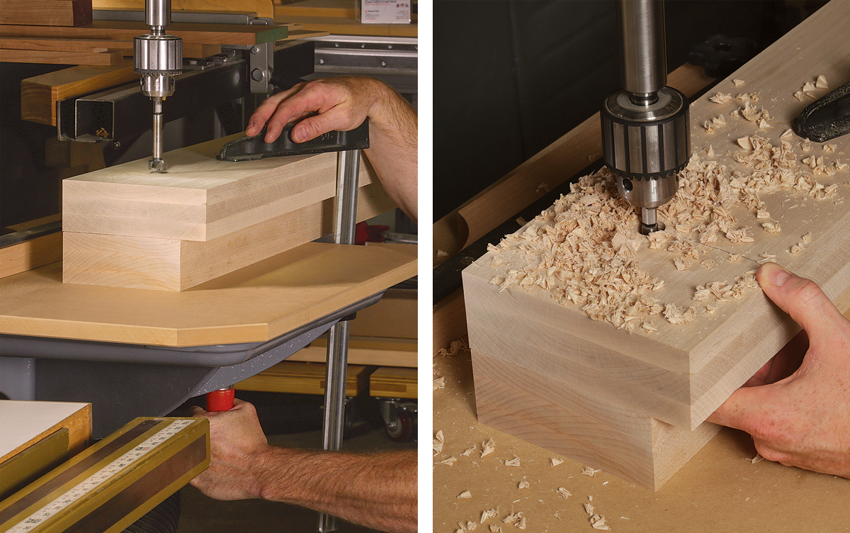 Clamp the jaws to the drill-press table. With the movable jaw on top, drill a 3⁄4-in. hole through it and partway into the fixed jaw. This allows you to accurately drill through the fixed jaw separately. 
