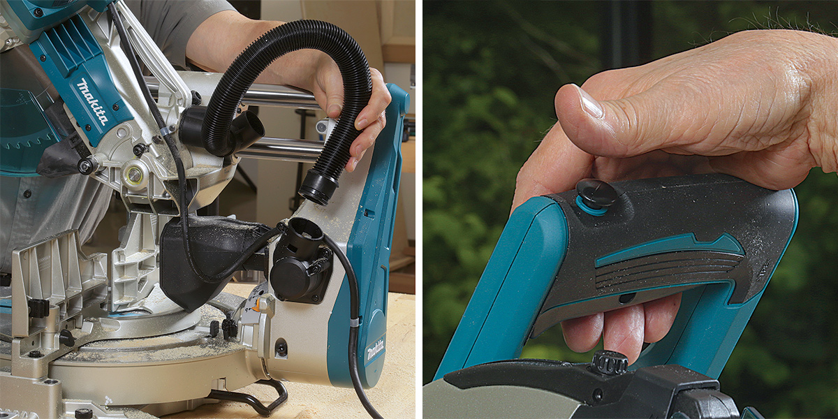 close up of dust management and handle of the Makita LS1219L