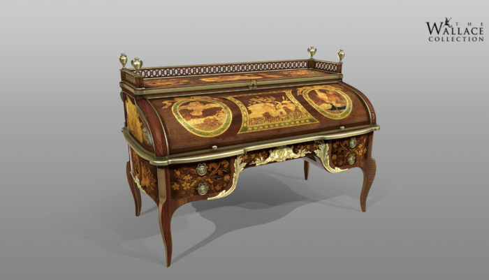 A roll top desk made by Jean-Henri Reisener, made of Oak, purplewood, tulipwood, mahogany, stained woods, ebony or ebonised wood, box, and gilt bronze