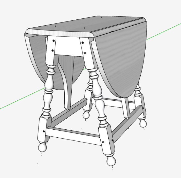 a computer aided drawing of a table with the side wings folded down.