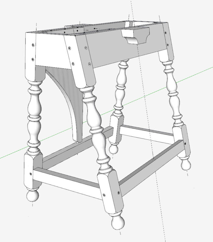 A drawing showing the undercarriage of the table. A line shows the angle the wing will swivel at.