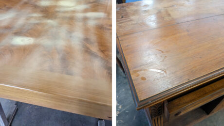 Tables with heat damage and degrading finishes