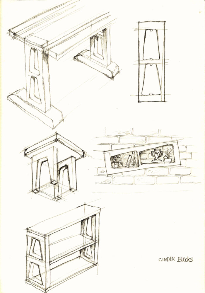 A design sketch of a potential furniture piece utilizing unique scrap wood