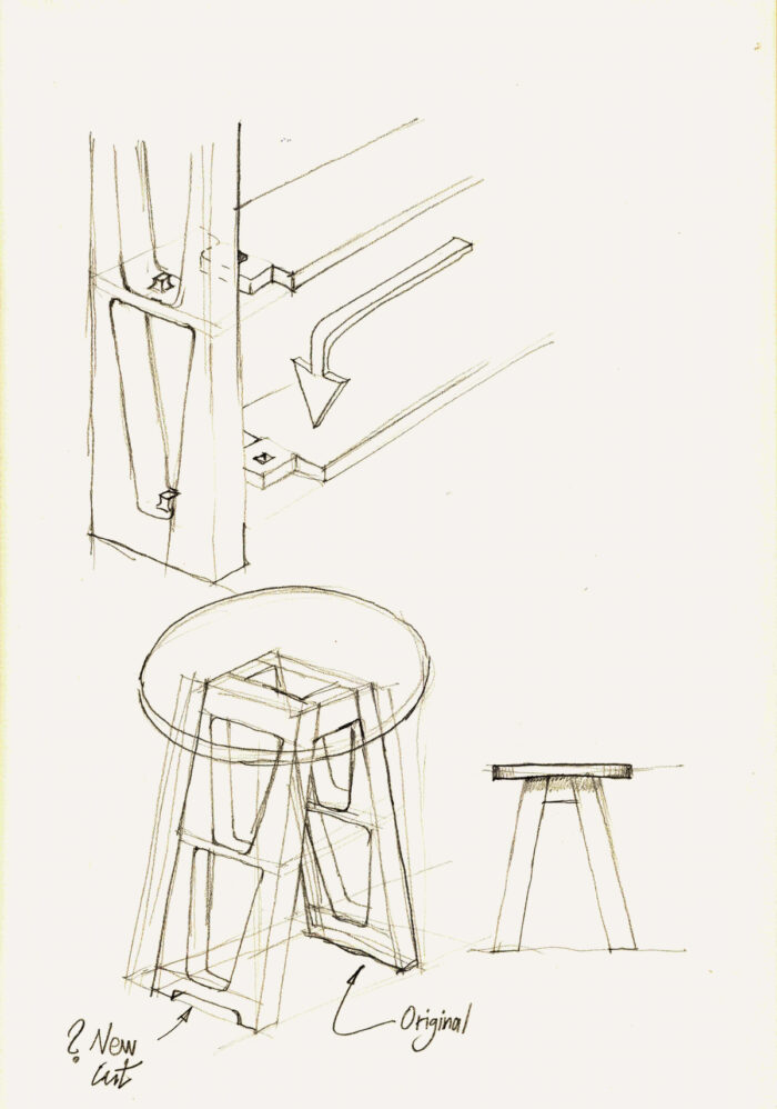 A design sketch of a potential furniture piece utilizing unique scrap wood