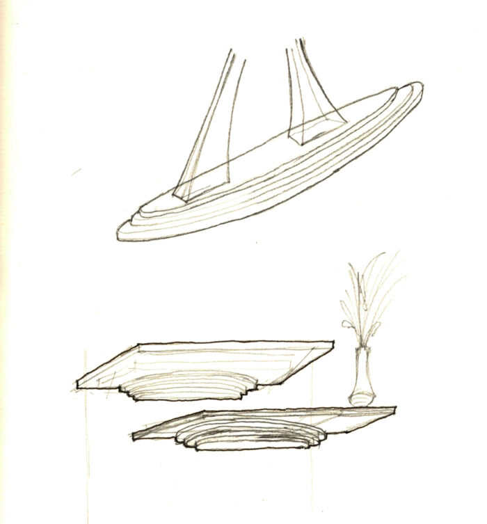 A design sketch for ideas for utilizing scraps of ash with edges shaped like a mesa ridge