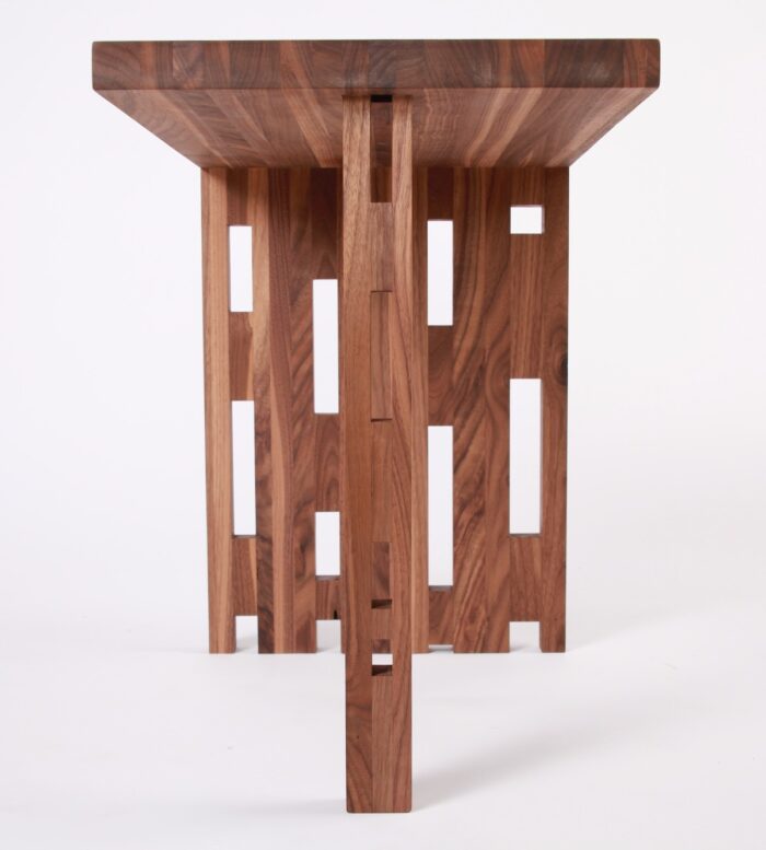 A contemporary table made from walnut scraps