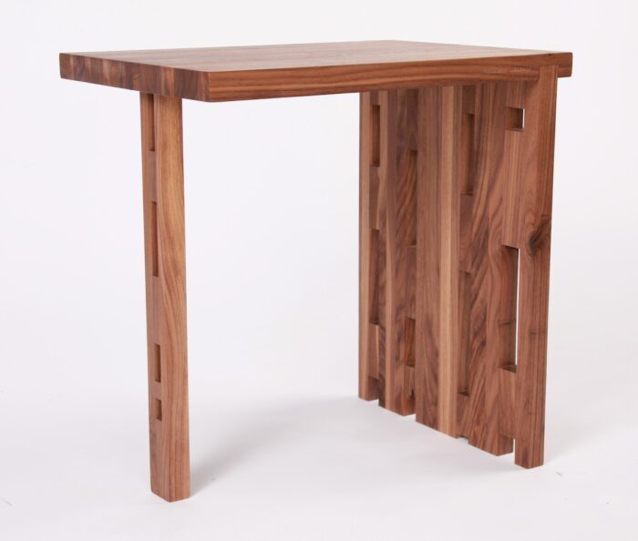 A contemporary table made from walnut scraps