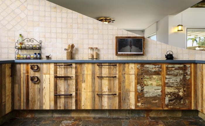Kitchen cabinetry made from reclaimed scrap wood