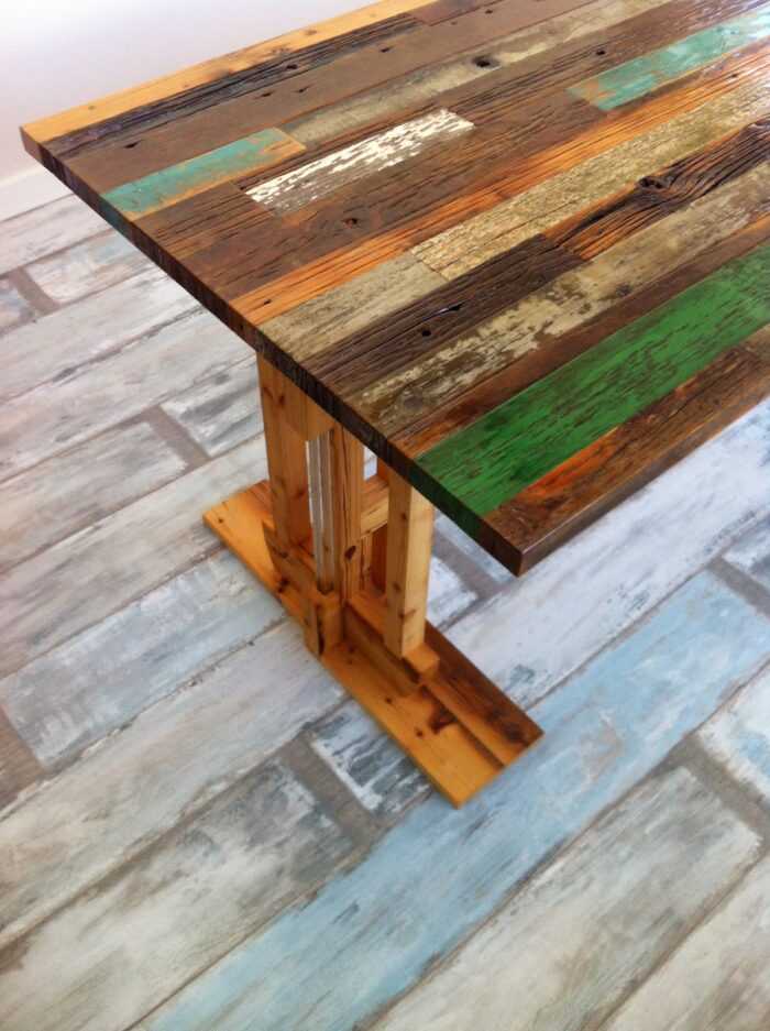 A colorful wooden quilt table