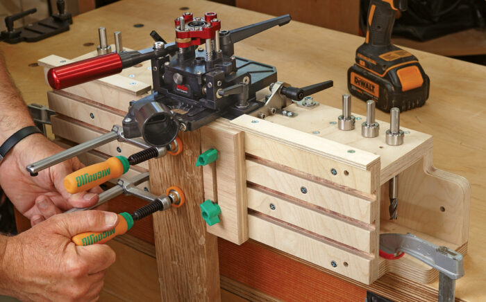 Workstation makes clamping much easier. Dovetail-shaped slots hold MicroJig’s MatchFit clamps and any other compatible accessories, like the MatchFit hardware used here to attach a vertical fence.