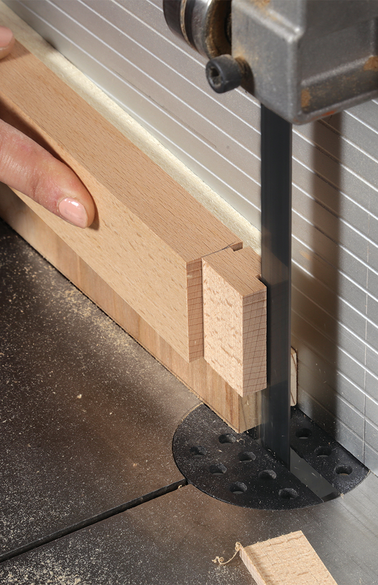 Cut the cheeks at the bandsaw with the wedge under the rail. 