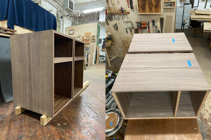 Side by side photos of the completed cabinets. Both rectangles with walnut wood sides. 