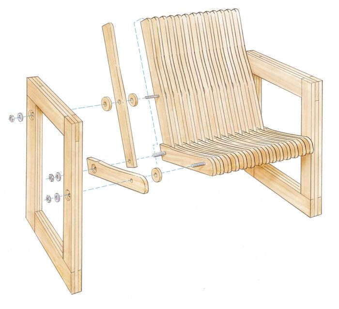 Illustration of entire chair assembly. One arm is disconnected, but displays the way the spacers, backrest, and seat are all assembled together. 